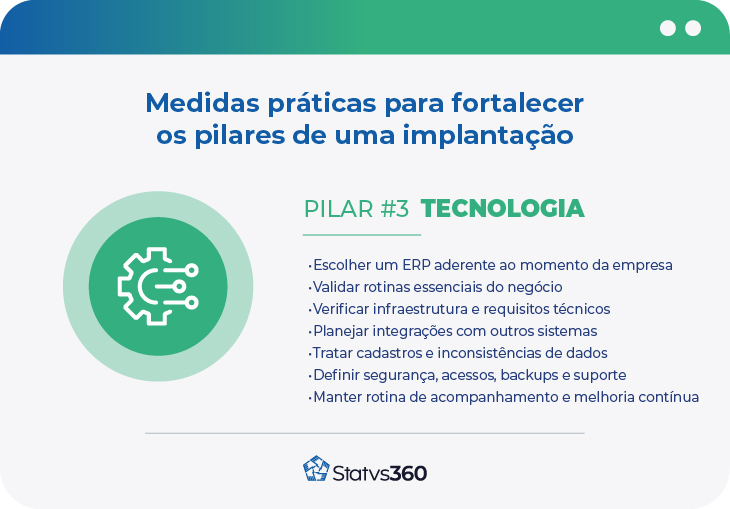 Infográfico sobre medidas práticas para fortalecer o pilar de tecnologia em uma implantação de ERP.